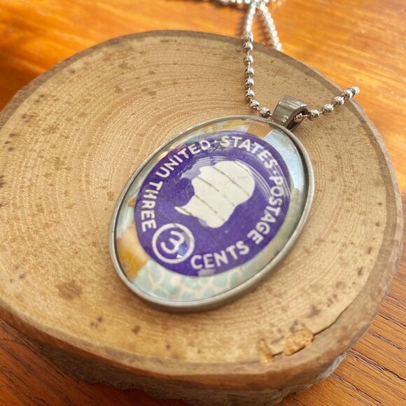 Oval Vintage Purple US Stamp Gunmetal Silver Pendant with Silver Ball Chain - Picture 4 of 5